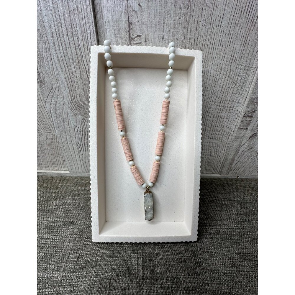 Pink & White Beaded Necklace With Clear Stone Pendant & Gold Tone Chain
